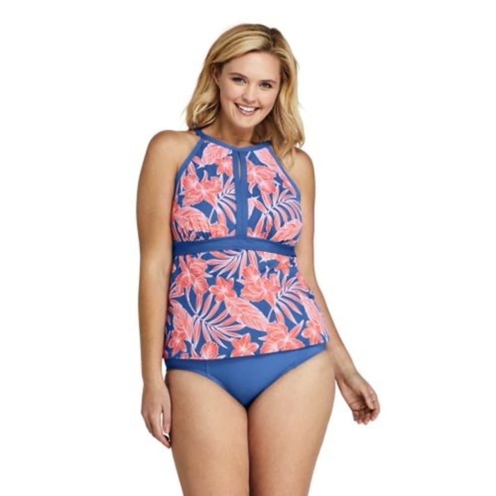 Lands' End 16W DD Tankini Top High Neck Keyhole‎ Tummy Control Floral RN 62840